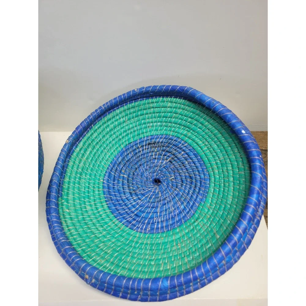Hand Woven Round Basket with Lid and Handle Blue Green Decorative Storage Accent
